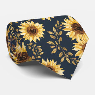 Corbata Amarillo Soleado Oro Azul Marino Patrón de Girasol