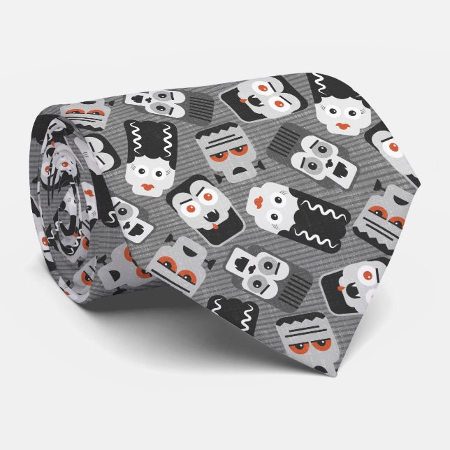 Corbata Amigos Frankenstein y espeluznantes - negros, blan (Enrollado)