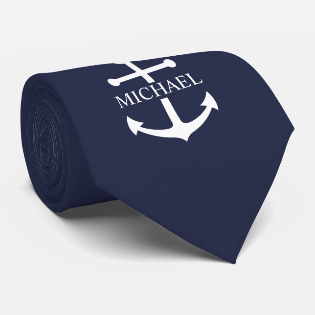 Corbata Ancla Azul Marino Personalizado Nombre (Enrollado)