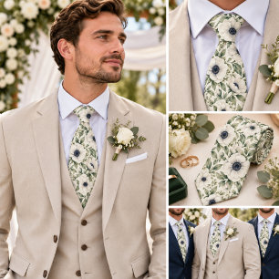 Corbata Anémona Blanca Marfil Verde Salvia Botánico Boda