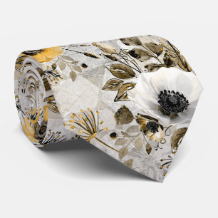 Corbata Anemones blancos, amarillos sobre fondo gris-marr