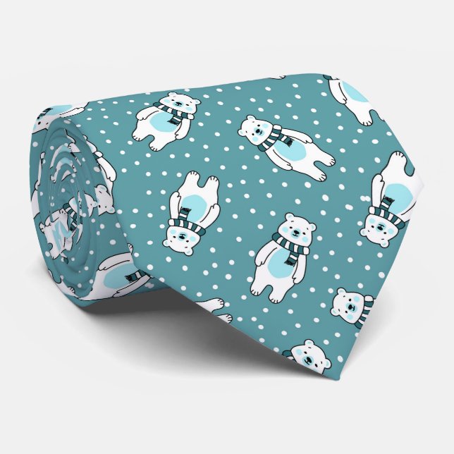 Corbata Aqua cute snow polar bear pattern (Enrollado)