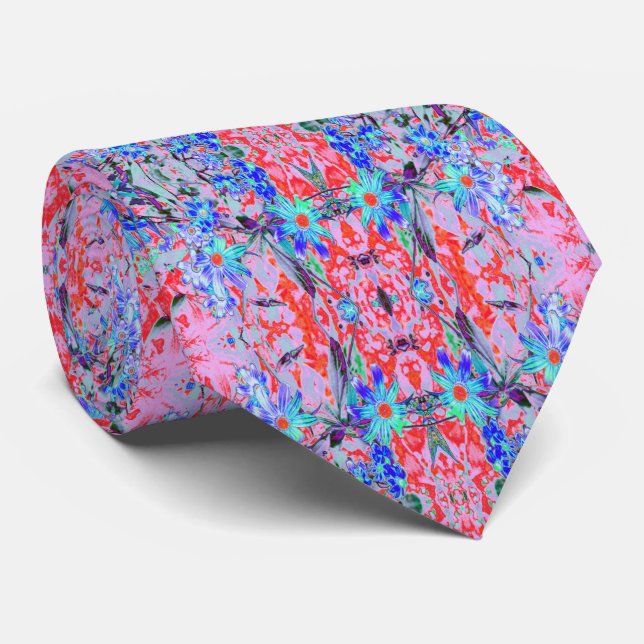 Corbata Aqua psicodélico retro y flores Naranjas (Enrollado)