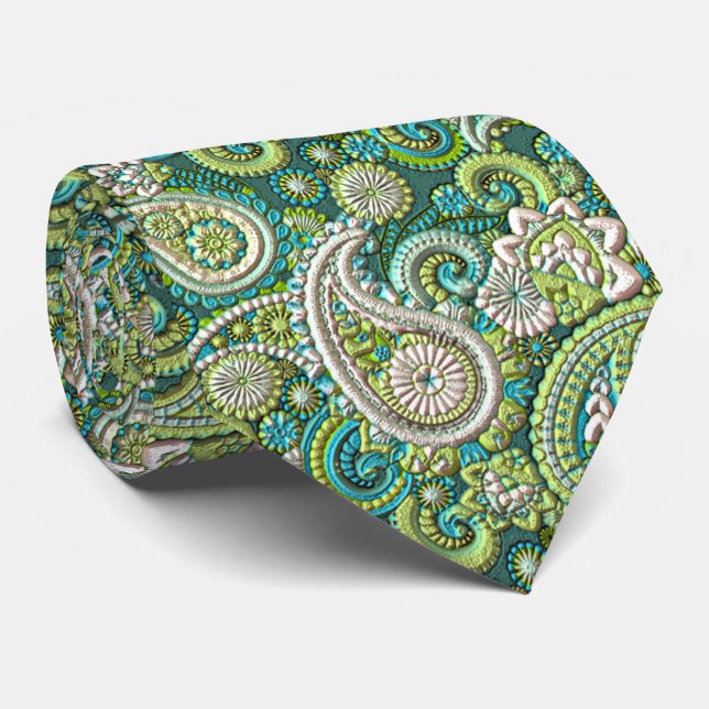 Corbata Aqua Turquesa Verde Lima Estampado Floral de Paisl (Enrollado)