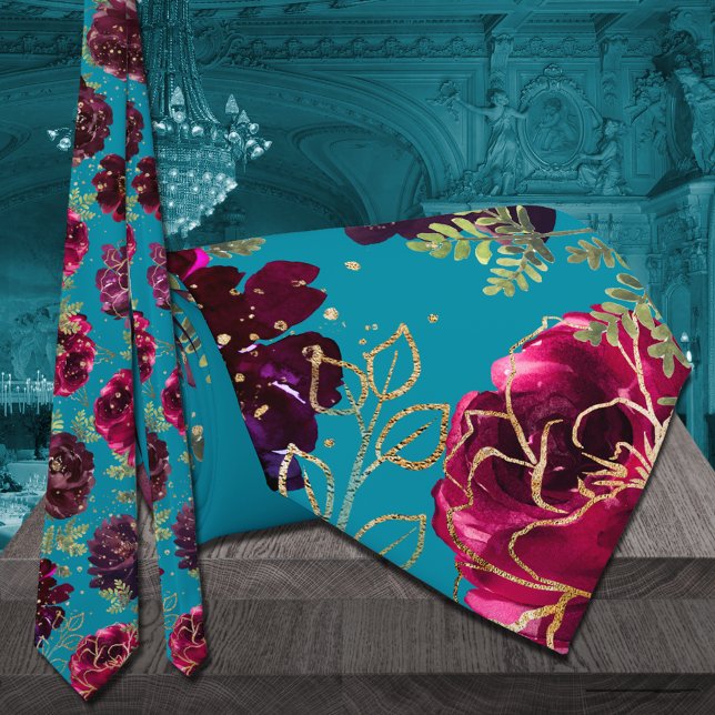 Corbata Aqua Verde azulado Merlot Jewel Tone Gold Boda (Aqua Teal Merlot Jewel Tone Gold Wedding Neck Tie)