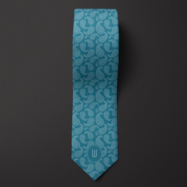 Corbata Aquamarine Monograma Monocromo Paisley (Subido por el creador)