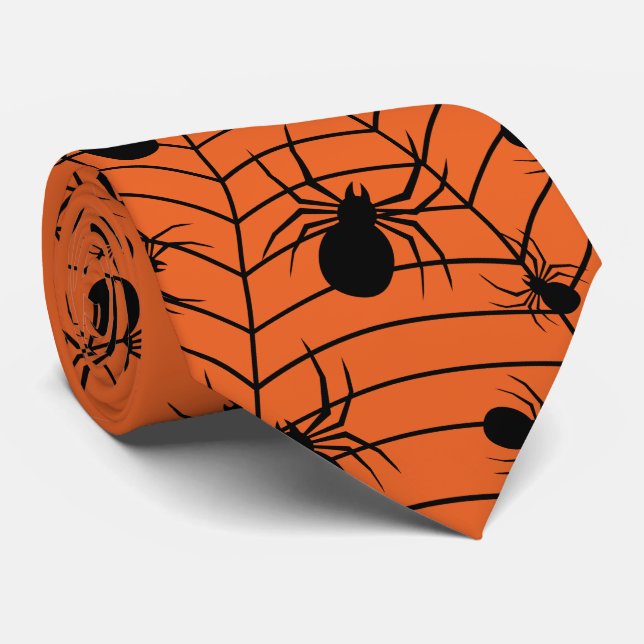 Corbata Arañas Naranja Negras telaraña patrón de Halloween (Enrollado)
