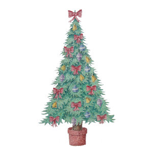 Corbata árbol con decoraciones arcos rojos campanas navida