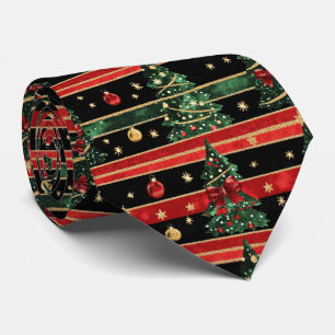 Corbata Árbol de Navidad Brillante - Rayas Rojas Negras Ve