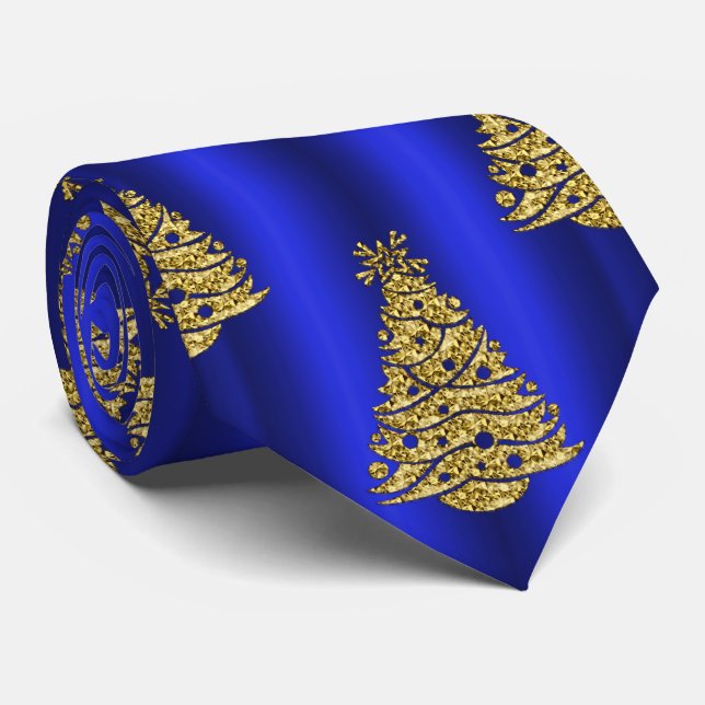 Corbata Árboles de Navidad dorados en azul (Enrollado)