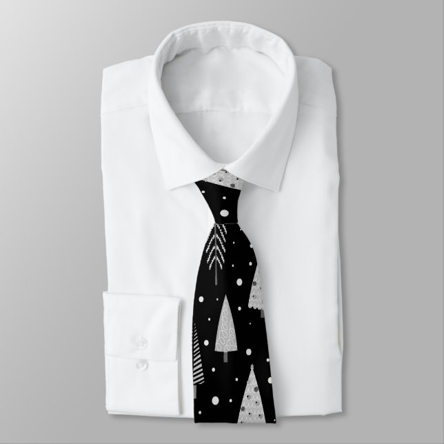 Corbata Árboles de Navidad modernos Patrón gris negro (Atado)