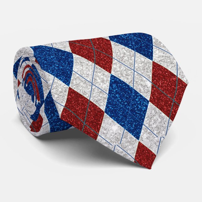 Corbata Argyle Rojo, Blanco y Azul de Glitter 4 de Julio (Enrollado)