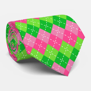 Corbata Argyle rosa y verde con costura blanca