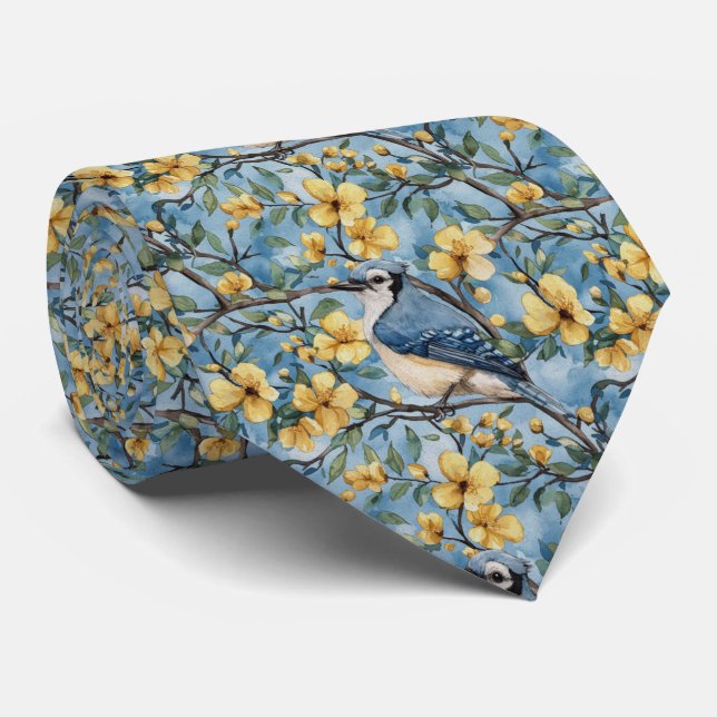 Corbata Arrendajo Azul En Flores Amarillas (Enrollado)