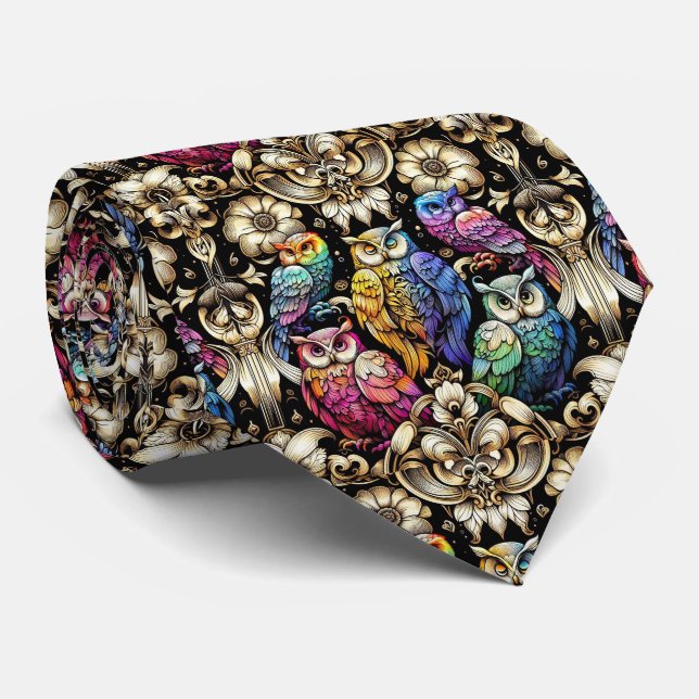Corbata Art Déco Art Nouveau Búho Arcoíris (Enrollado)