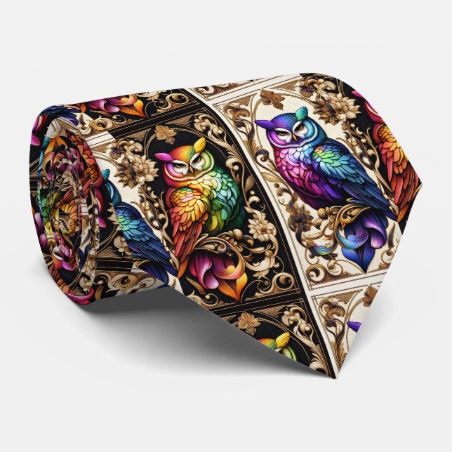 Corbata Art Déco Art Nouveau Búho Arcoíris (Enrollado)