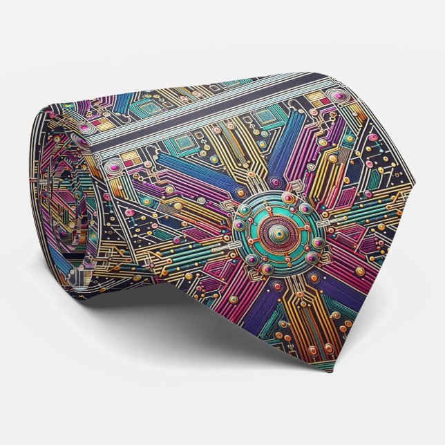 Corbata Art Deco Art Nouveau Rainbow Circuit Board Necktie (Enrollado)