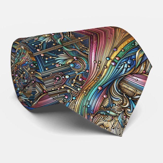Corbata Art Deco Art Nouveau Rainbow Circuit Board Necktie (Enrollado)
