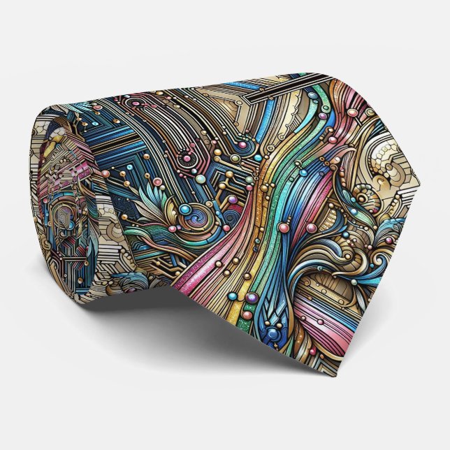 Corbata Art Deco Art Nouveau Rainbow Circuit Board Necktie (Enrollado)