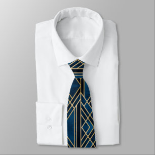 Corbata - Art Deco Azul y Dorado Espejado