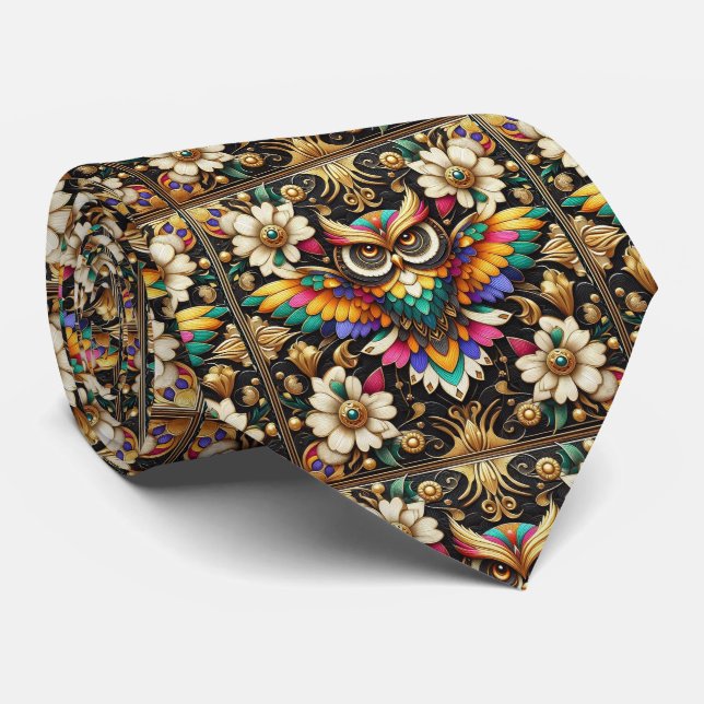 Corbata Art Déco de búho arcoíris – Negra, blanca  (Enrollado)