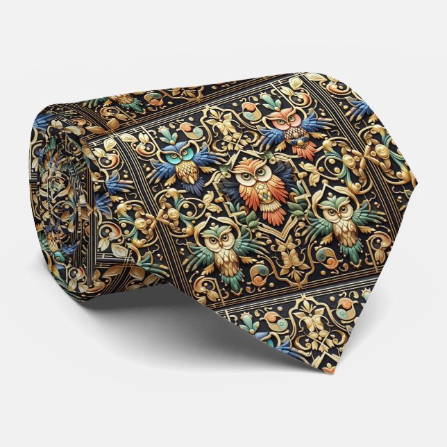 Corbata Art Déco de búho arcoíris – Negra, blanca  (Enrollado)