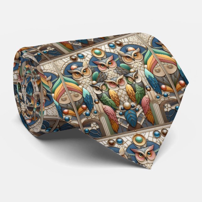 Corbata Art Déco de búho arcoíris – Negro, Blanco  (Enrollado)