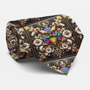 Corbata Art Déco de búho arcoíris – Negro, Blanco
