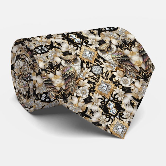 Corbata Art Déco de búho arcoíris – Negro, Blanco  (Enrollado)