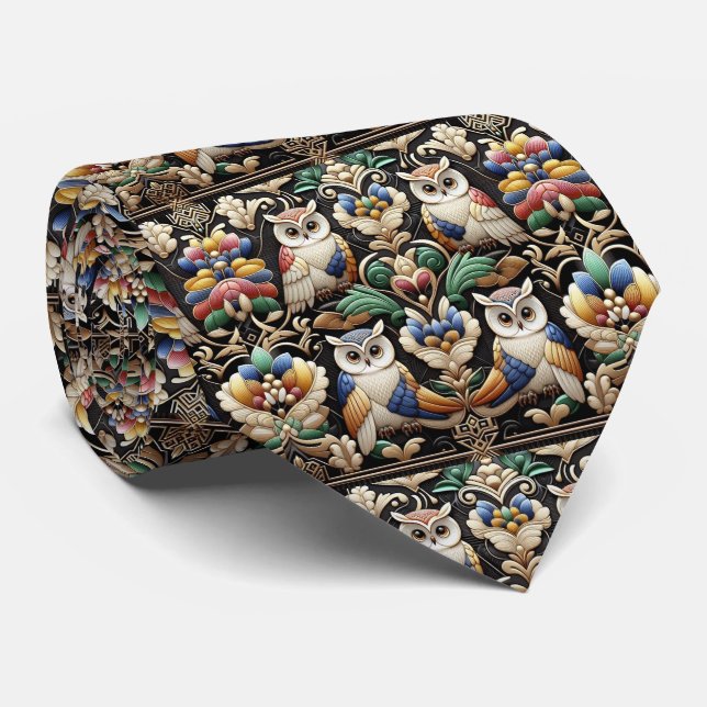 Corbata Art Déco de búho arcoíris – Negro, Blanco  (Enrollado)