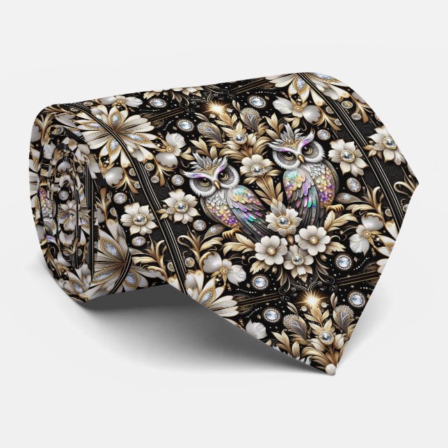 Corbata Art Déco de búho arcoíris – Negro, Blanco  (Enrollado)