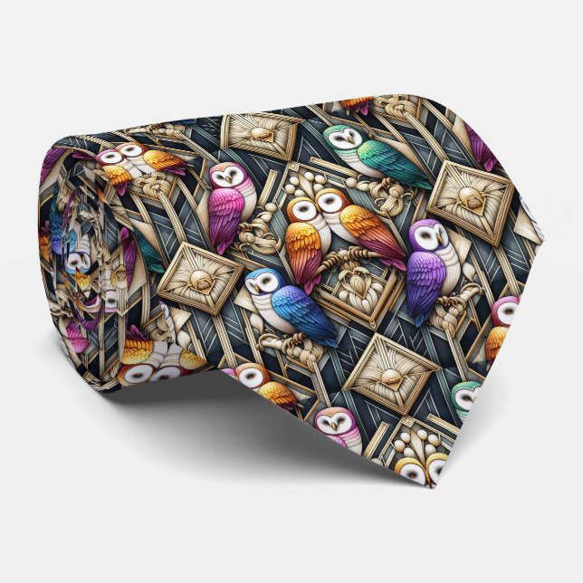 Corbata Art Déco de búho arcoíris – Negro, Blanco  (Enrollado)