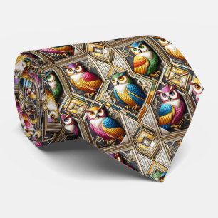 Corbata Art Déco de búho arcoíris – Negro, Blanco