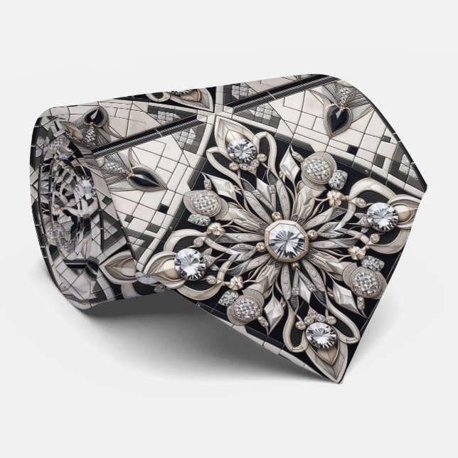 Corbata Art Deco Falso Seda | Diamantes de lujo B+W  (Enrollado)