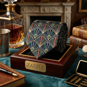 Corbata Art Deco Navy Pavo Real Lujoso Geométrico