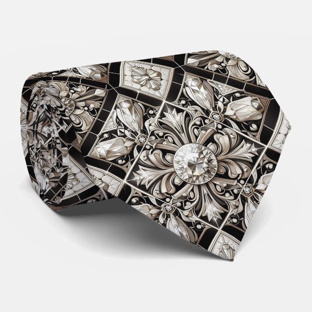 Corbata Art Deco Negro y Blanco Diamantes  (Enrollado)