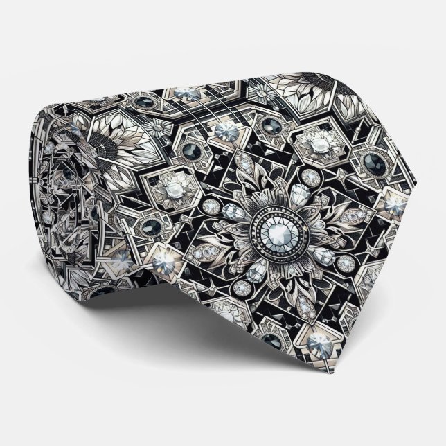 Corbata Art Deco Negro y Blanco Diamantes  (Enrollado)