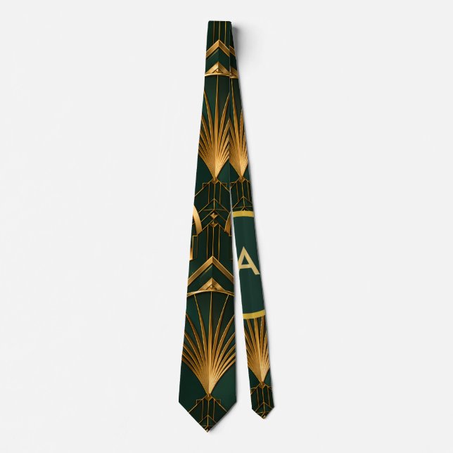 Corbata Art Déco Verde Esmeralda y Dorada Gatsby (Anverso)