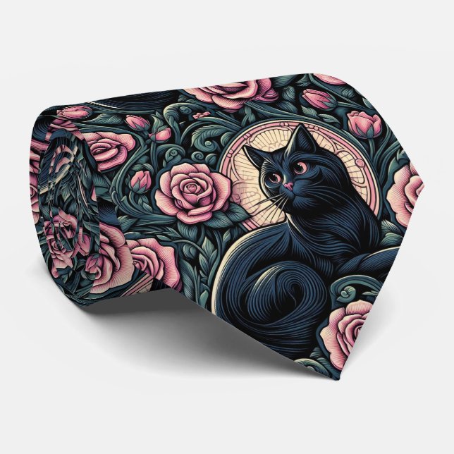 Corbata Art Nouveau Art Deco Black Cat with Pink Roses (Enrollado)