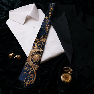 Corbata Art Nouveau Celestial Oro Luna Medianoche Azul Mar