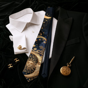 Corbata Art Nouveau Celestial Oro Luna Medianoche Azul Mar