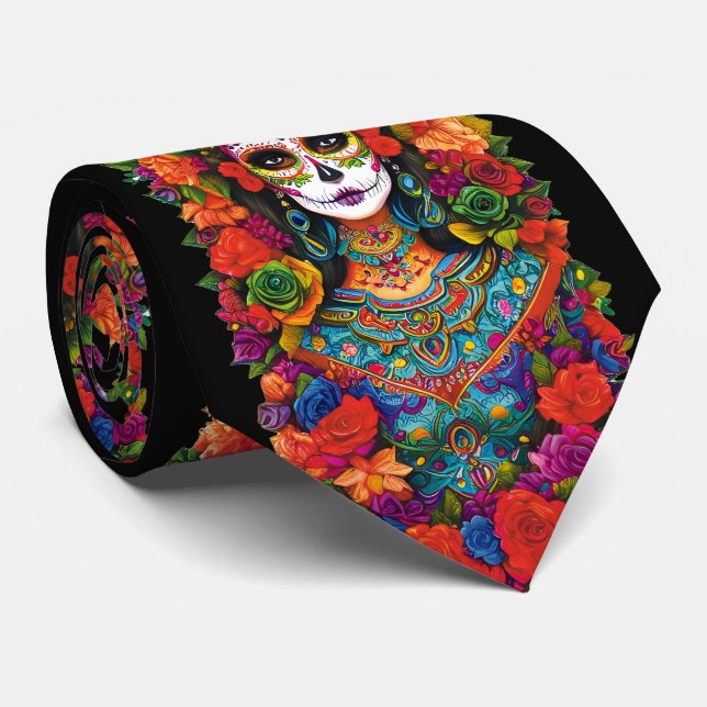 Corbata Arte de calavera de azúcar - Mujer hermosa en flor (Enrollado)
