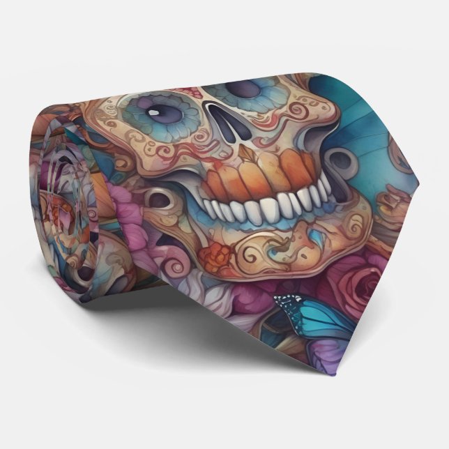 Corbata Arte de la calavera del azúcar - Calaveras y marip (Enrollado)