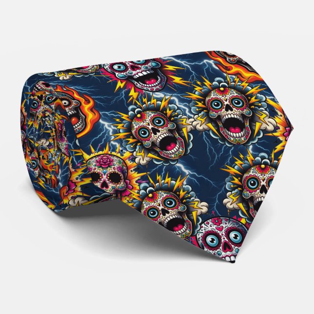 Corbata Arte de la calavera del azúcar - Día del relámpago (Enrollado)