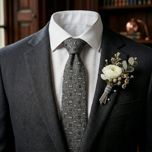 Corbata Arte Deco Geométrico Negro de Carbón en Seda Jacqu