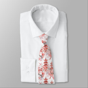 Corbata Arte escénico de pagoda asiática vintage con flor 