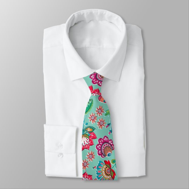 Corbata Arte folclórico bohemio patrón floral boda turques (Atado)