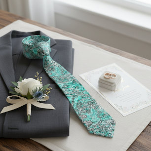Corbata Arte Mármol Gris Plateado Turquesa Verde Teal
