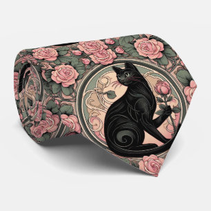 Corbata Arte Nouveau Arte Deco Gato Negro con Rosas Rosada