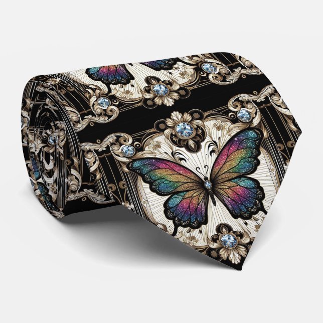 Corbata Arte Retro Deco Mariposa Arcoíris Nouveau (Enrollado)